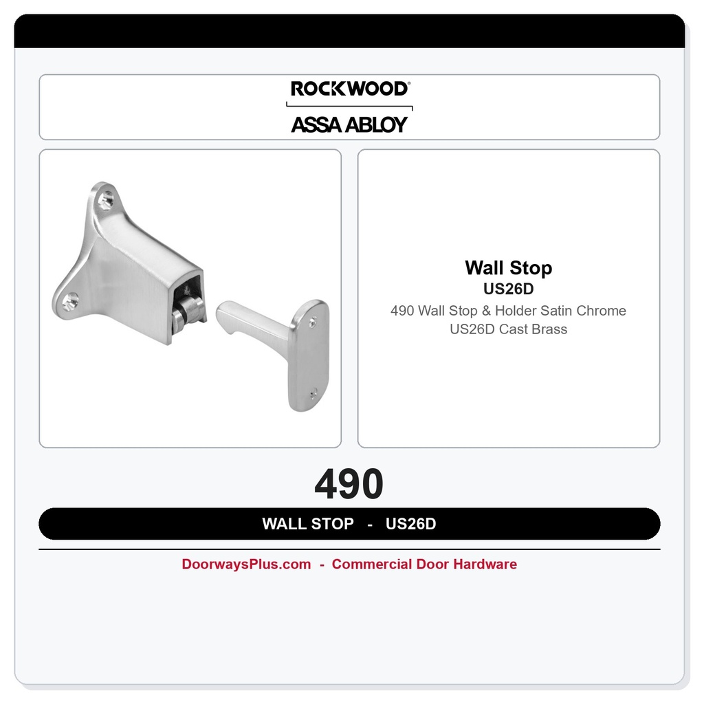 Rockwood 490 Wall Stop & Holder | Satin Chrome US26D Cast Brass