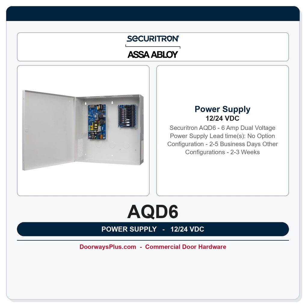 Securitron AQD6 6-Amp 12/24VDC Dual Voltage Switching Access Control Power Supply