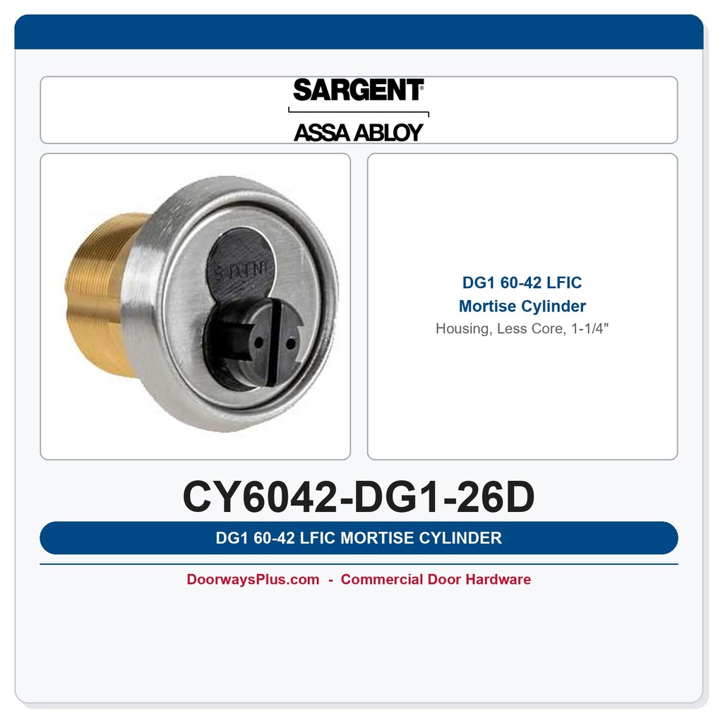 Sargent DG1 60-42 LFIC Mortise Cylinder Housing, Less Core, 1-1/4"