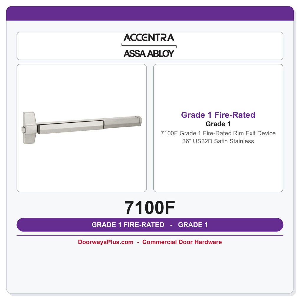 Accentra 7100F Grade 1 Fire-Rated Rim Exit Device | 36" | US32D Satin Stainless