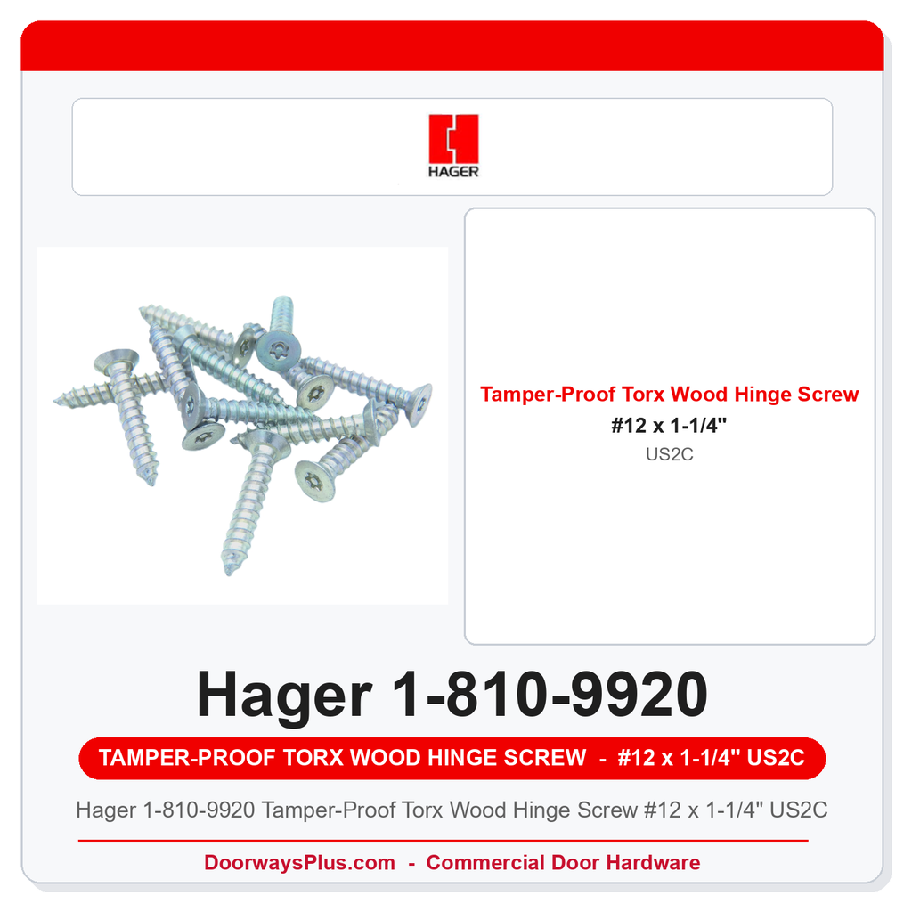 Hager 1-810-9920 Tamper-Proof Torx Wood Hinge Screw #12 x 1-1/4" US2C