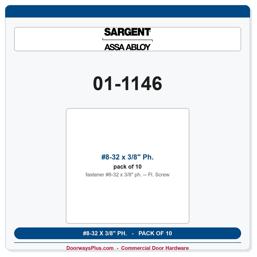 Sargent 01-1146 #8-32 x 3/8" Ph. Fl. Screw - Pack of 10