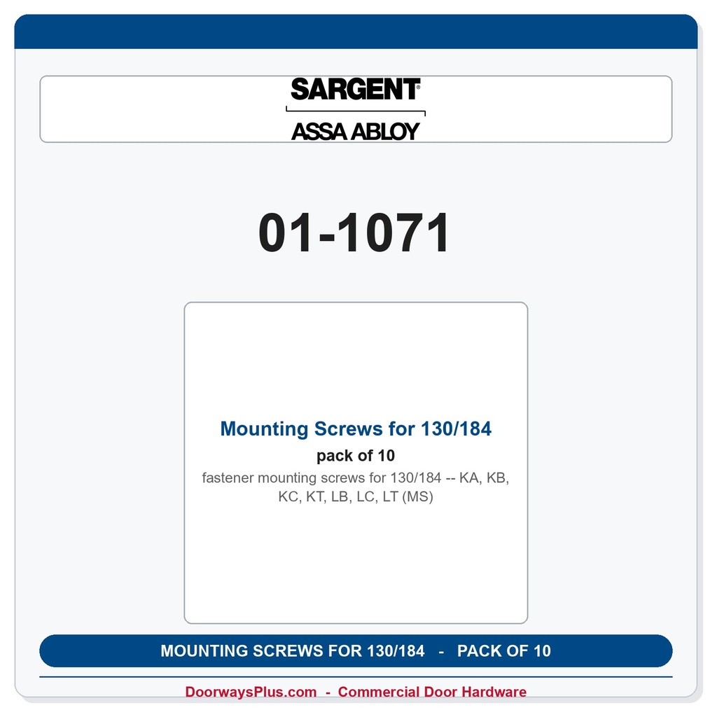 Sargent 01-1071 Mounting Screws for 130/184 KA, KB, KC, KT, LB, LC, LT (MS) - Pack of 10