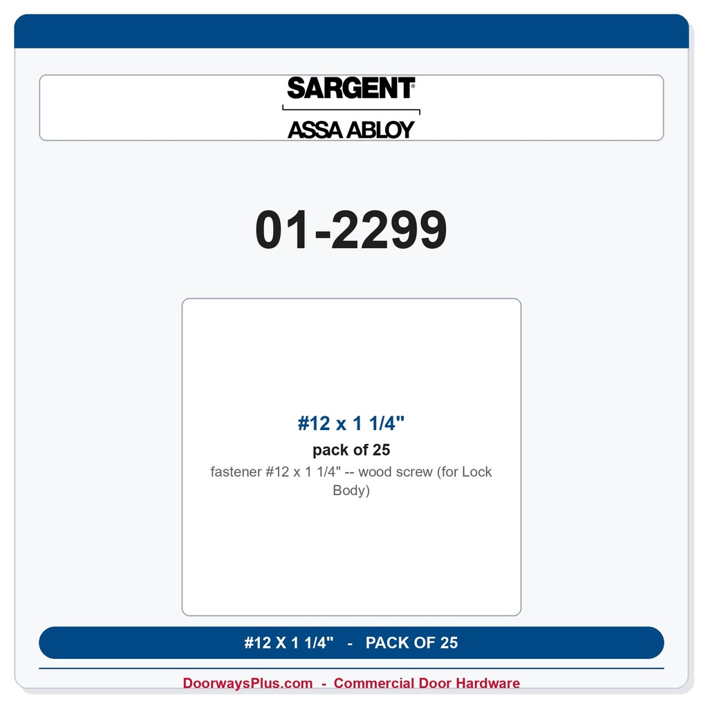 Sargent 01-2299 #12 x 1 1/4" wood screw (for Lock Body) - Pack of 25