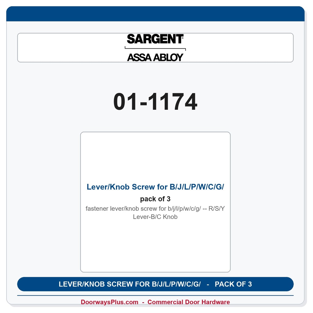 Sargent 01-1174 Lever/Knob Screw for B/J/L/P/W/C/G/ R/S/Y Lever-B/C Knob - Pack of 3