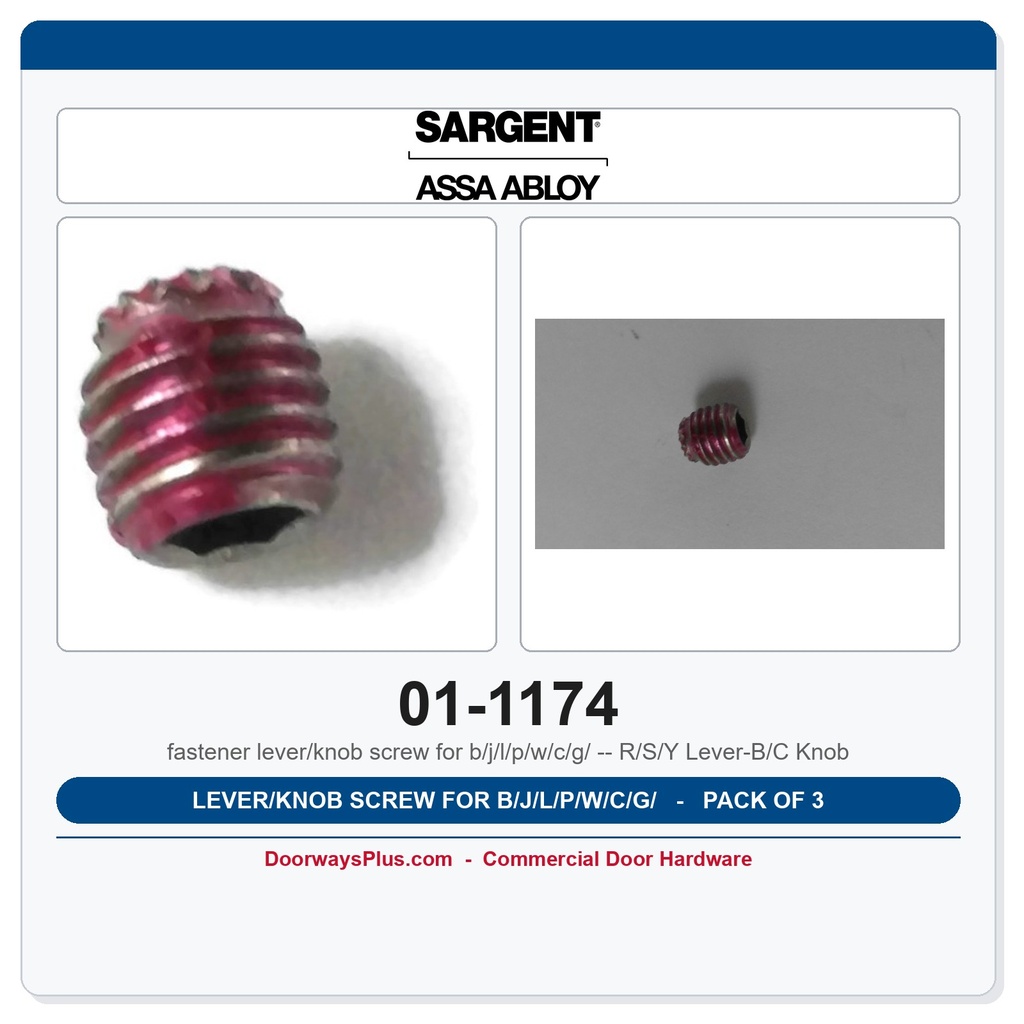 Sargent 01-1174 Lever/Knob Screw for B/J/L/P/W/C/G/ R/S/Y Lever-B/C Knob - Pack of 3