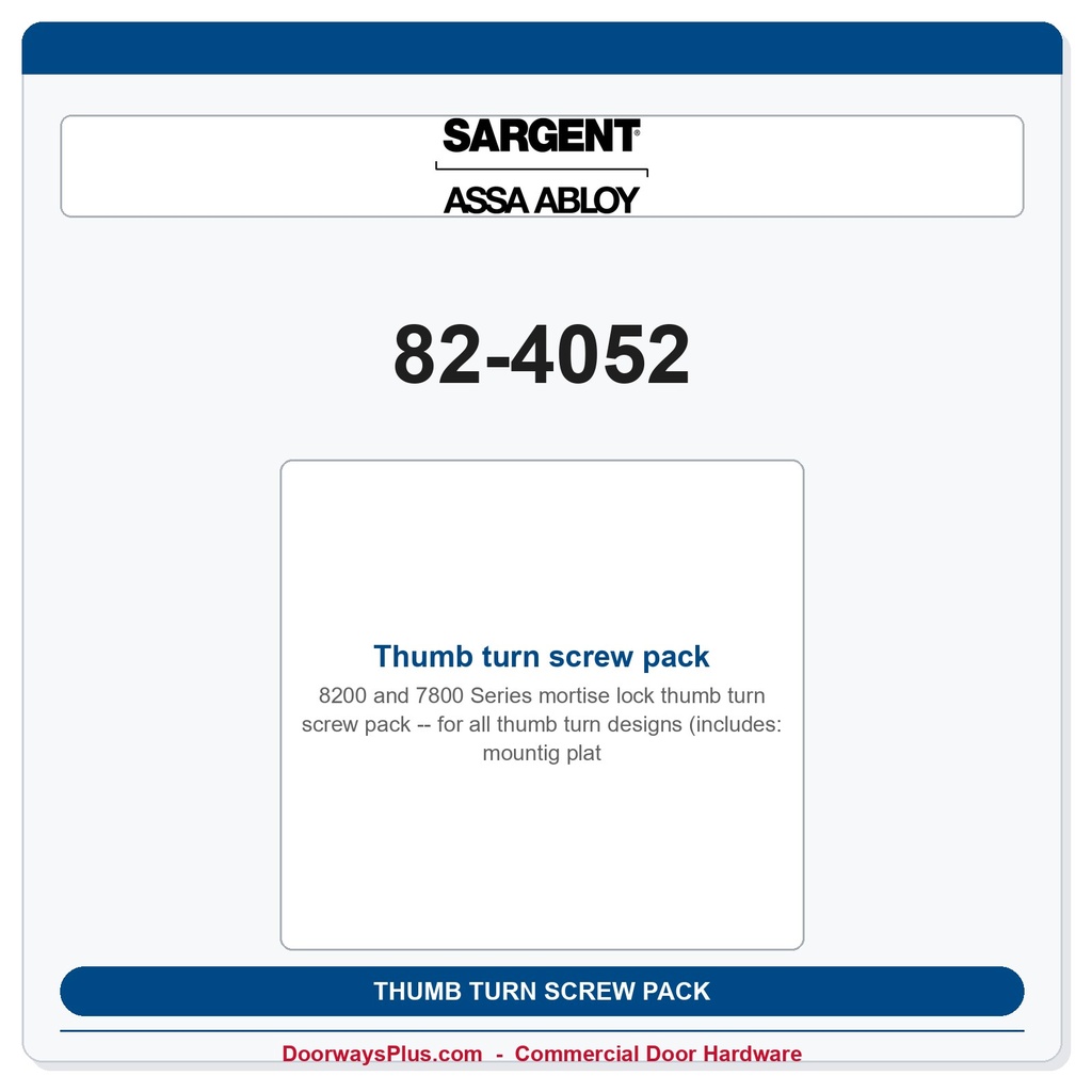 Sargent 82-4052 Thumb turn screw pack -for all thumb turn designs (includes: mountig plate, mounting screws (2), and finish screw