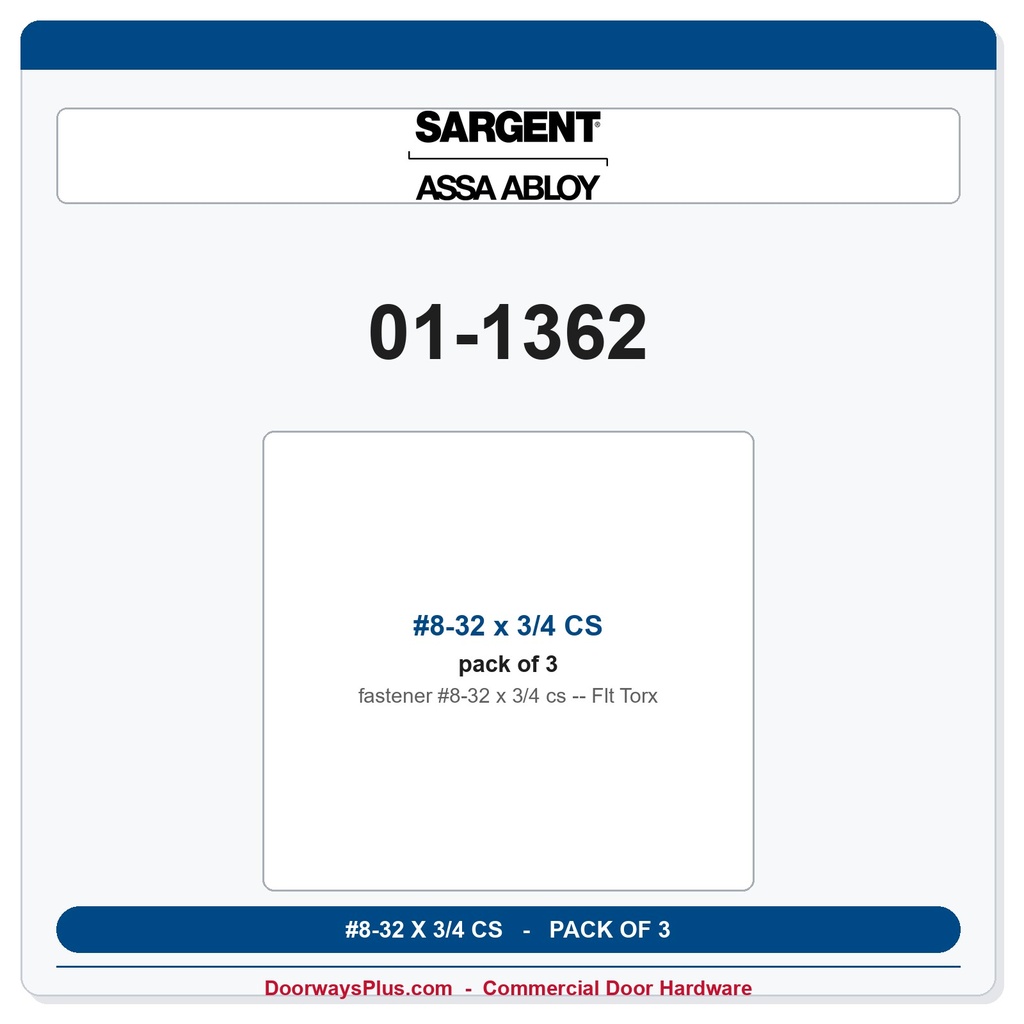 Sargent 01-1362 #8-32 x 3/4 CS Flt Torx - Pack of 3
