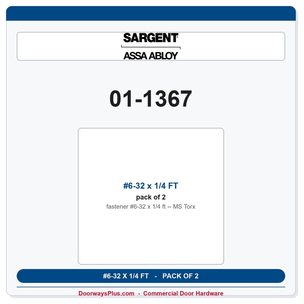 Sargent 01-1367 #6-32 x 1/4 FT MS Torx - Pack of 2