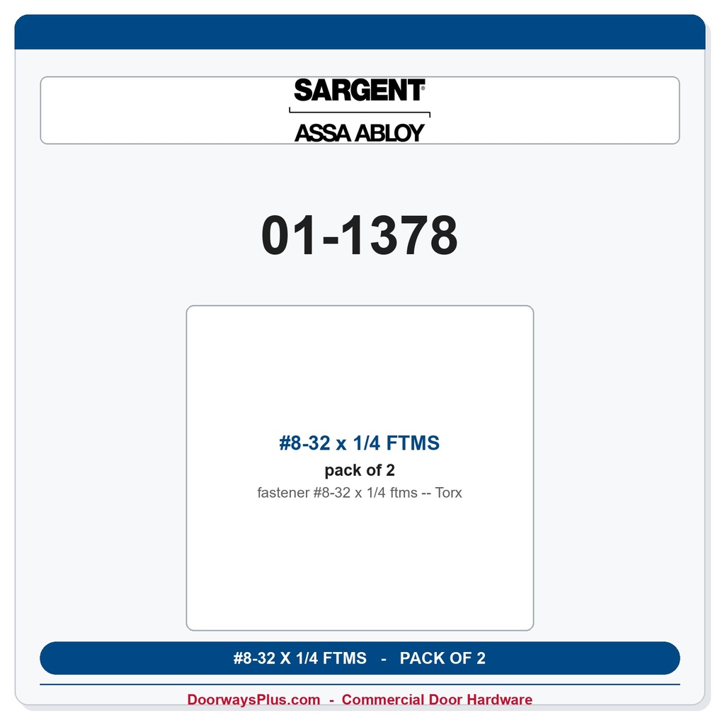 Sargent 01-1378 #8-32 x 1/4 FTMS Torx - Pack of 2