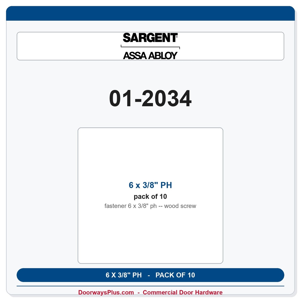 Sargent 01-2034 6 x 3/8" PH wood screw - Pack of 10