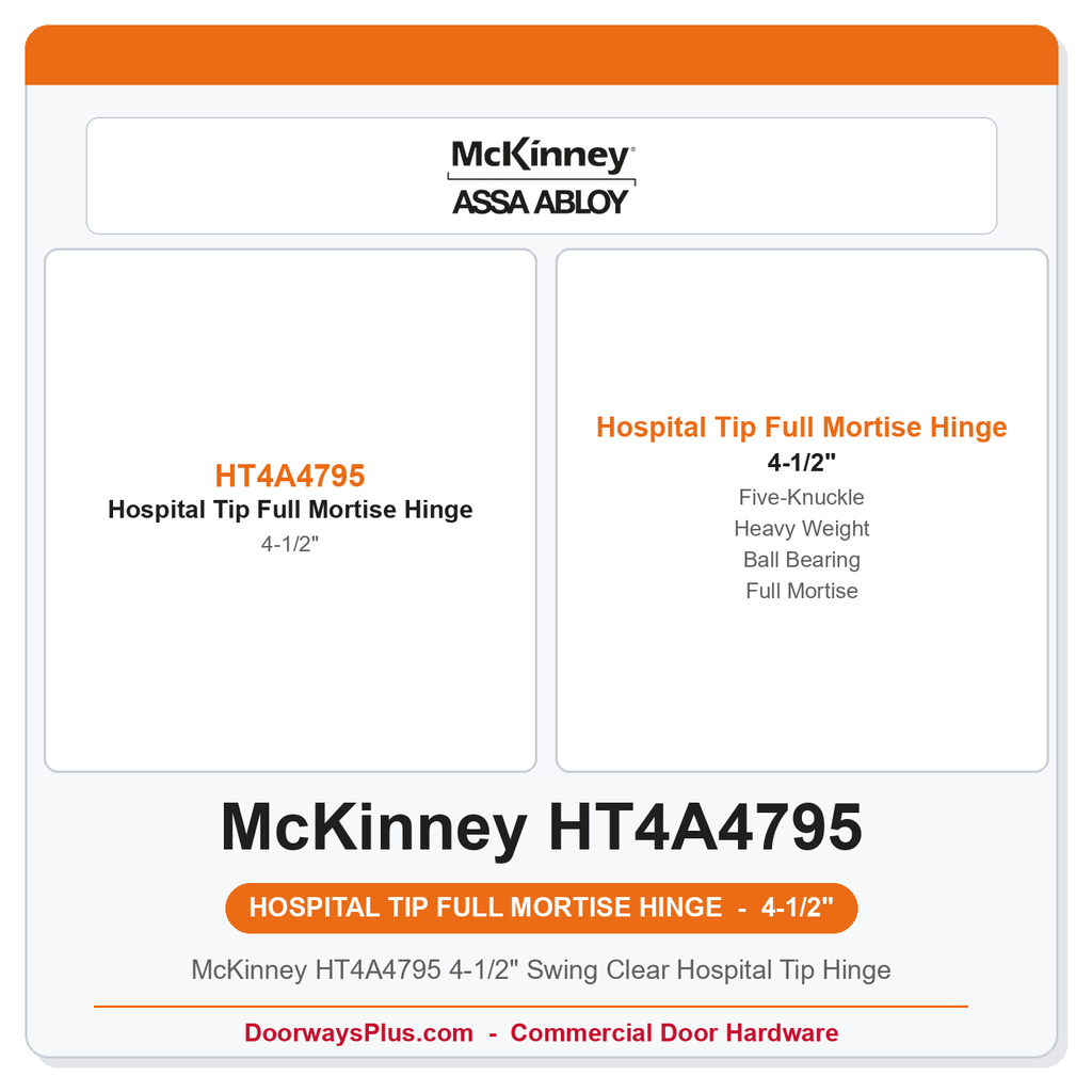 McKinney HT4A4795 4-1/2" Swing Clear Hospital Tip Hinge | Five-Knuckle Heavy Weight Ball Bearing Beveled Edge Full Mortise