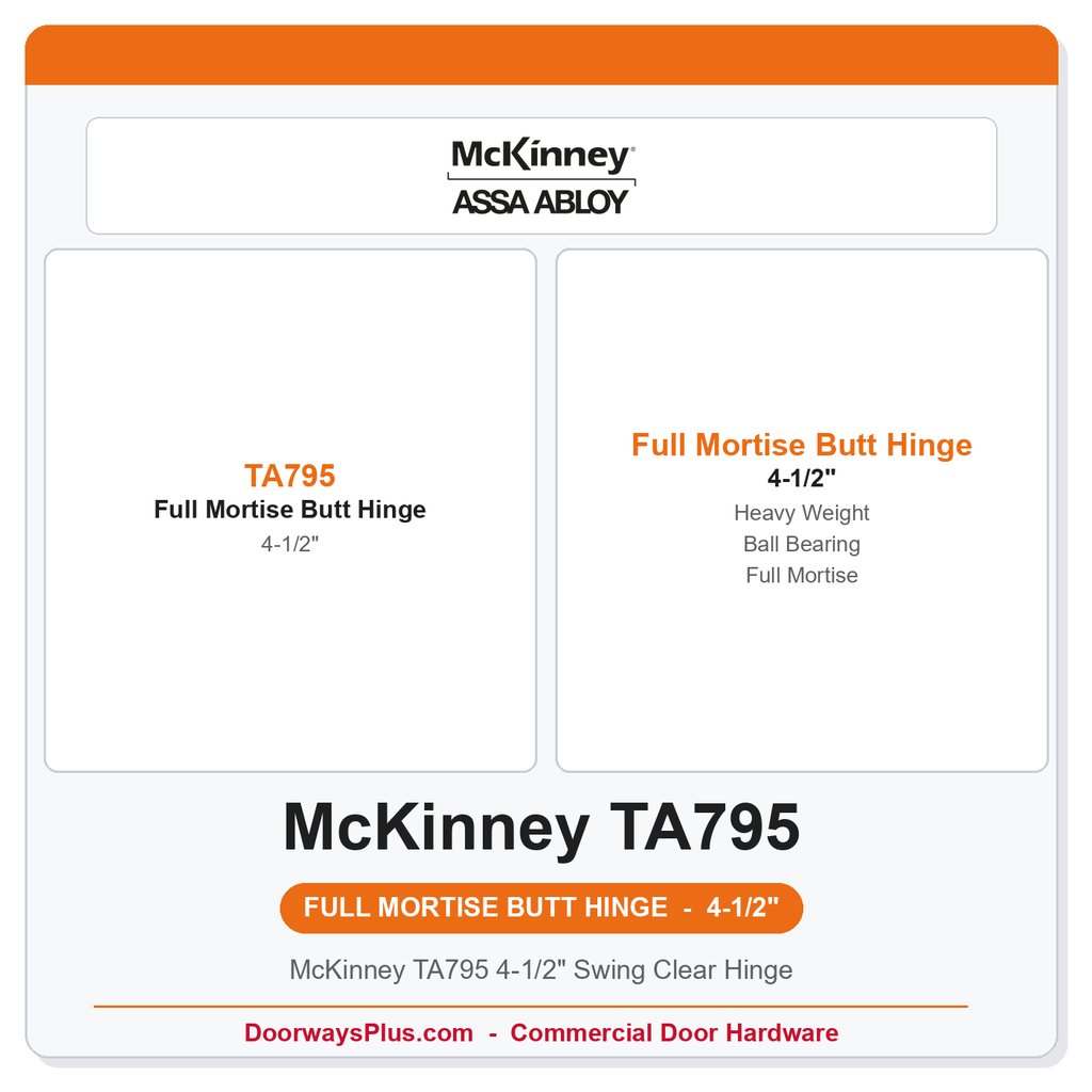 McKinney TA795 4-1/2" Swing Clear Hinge | Full Mortise Three-Knuckle Heavy Weight Ball Bearing Reversible