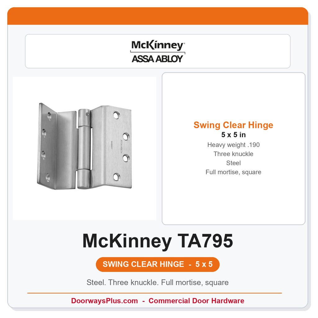 McKinney TA795 5" Full Mortise Three-Knuckle Heavy Weight Swing Clear Hinge | ANSI A8121 | Reversible