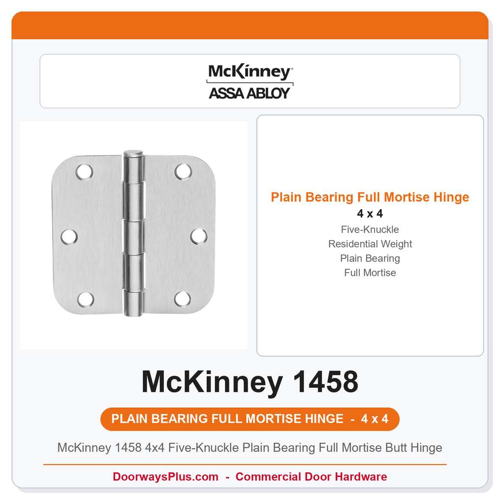 McKinney 1458 4x4 Five-Knuckle Plain Bearing Full Mortise Butt Hinge | Residential Weight