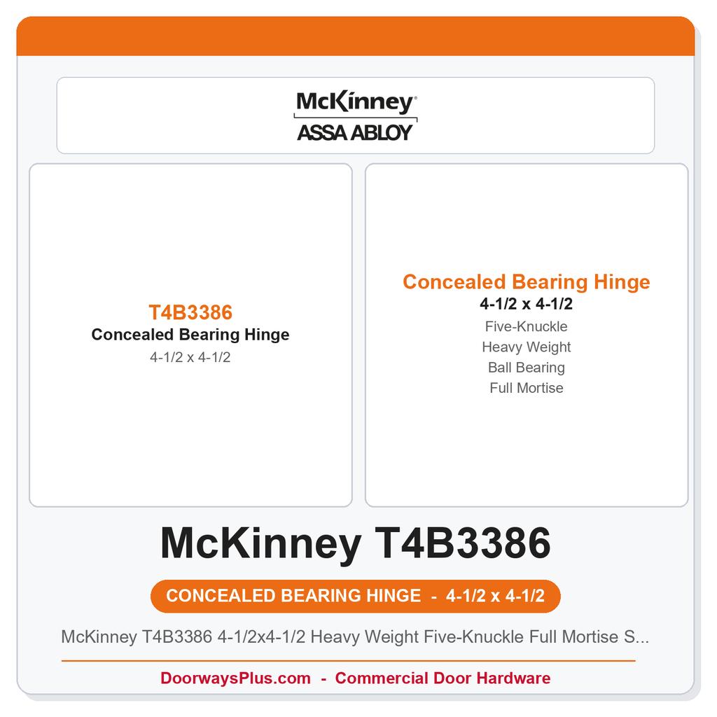McKinney T4B3386 4-1/2x4-1/2 Heavy Weight Five-Knuckle Full Mortise Stainless Steel Concealed Ball Bearing Hinge