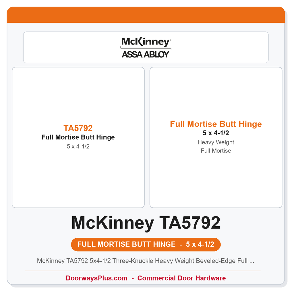 McKinney TA5792 5x4-1/2 Three-Knuckle Heavy Weight Beveled-Edge Full Mortise Anchor Hinge