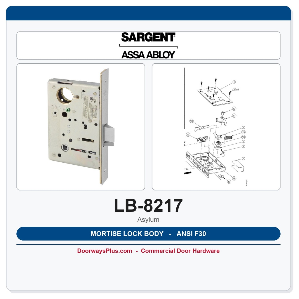 Sargent LB-8217 Mortise Lock Body – Asylum/Institutional ANSI F30 | 8200 Series