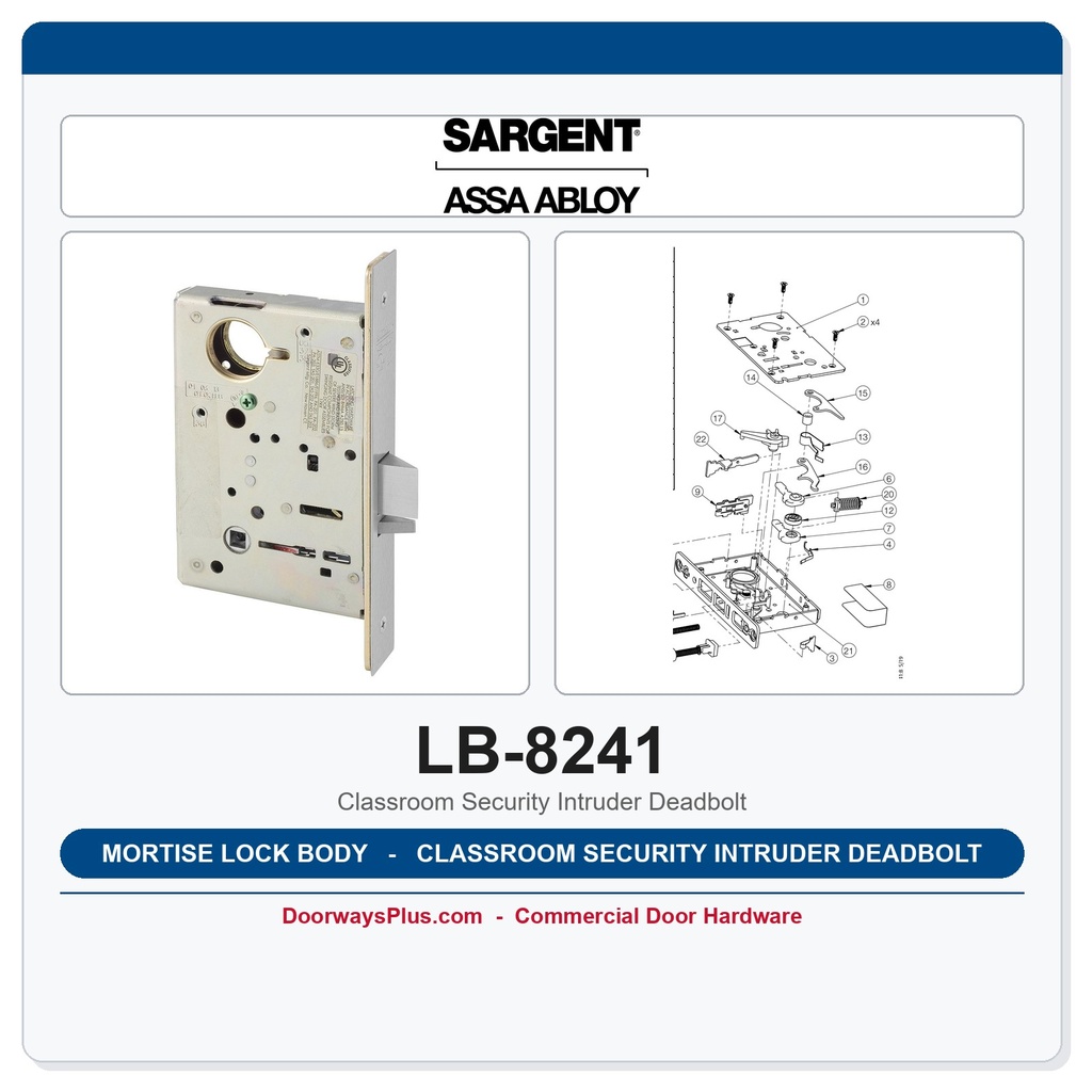 Sargent LB-8241 Mortise Lock Body – 8200 Series Classroom Security Intruder Deadbolt (Case Only)