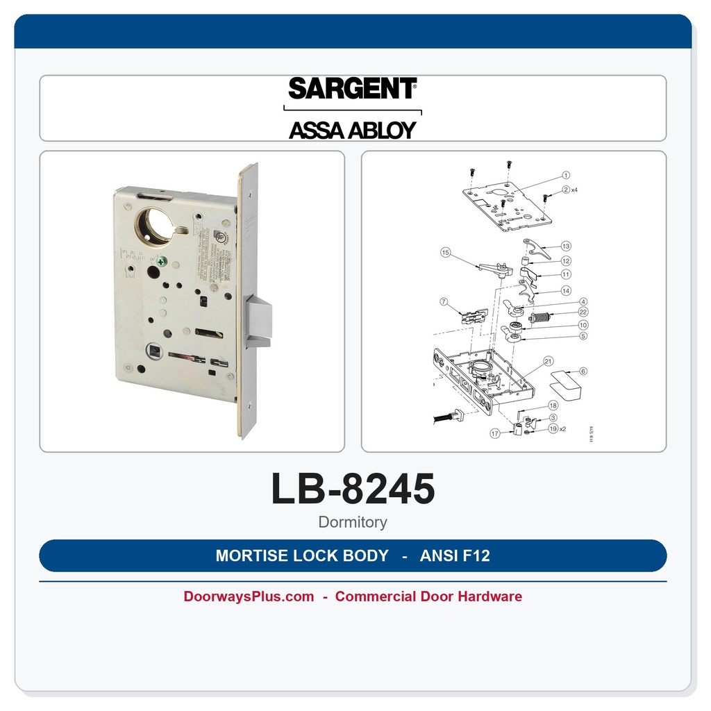 Sargent LB-8245 Mortise Lock Body – Dormitory/Exit Function ANSI F12 | 8200 Series