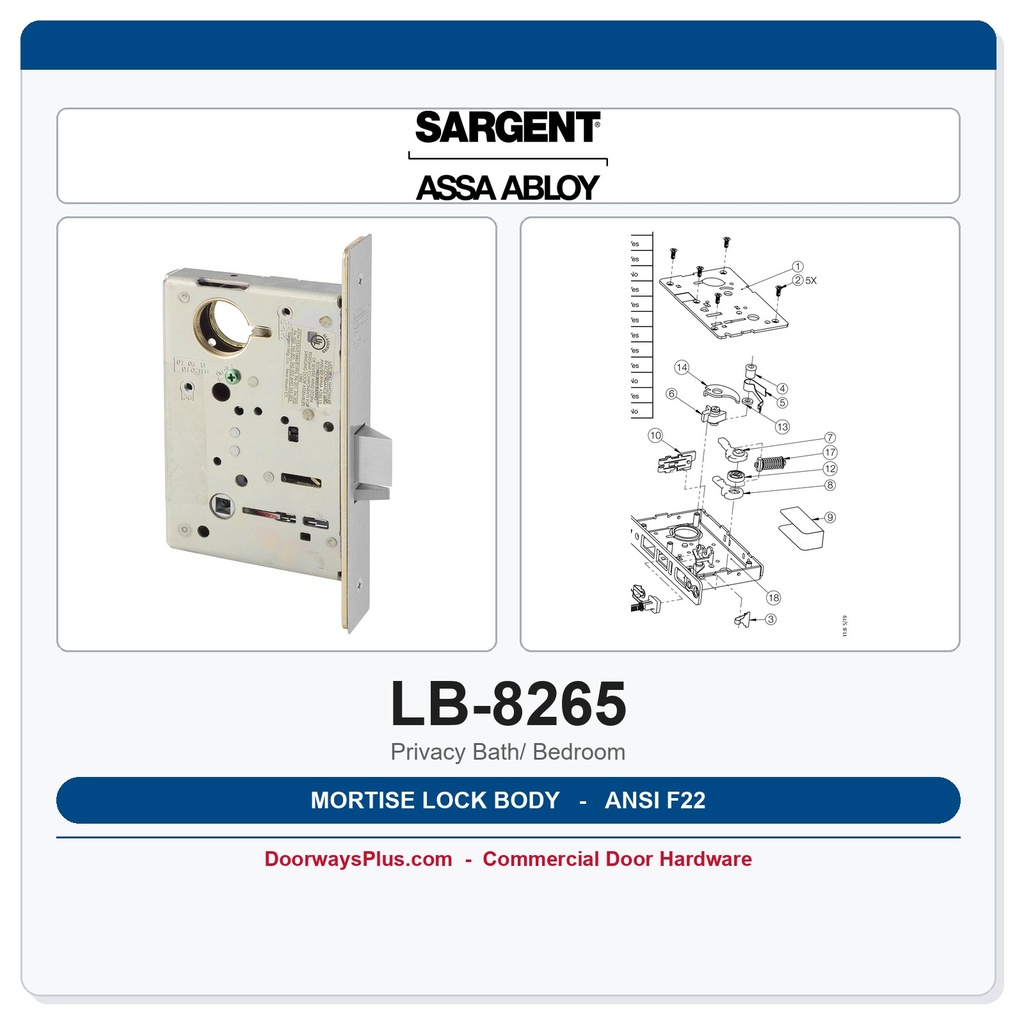 Sargent LB-8265 Mortise Lock Body | Privacy Bath/Bedroom ANSI F22 | 8200 Series