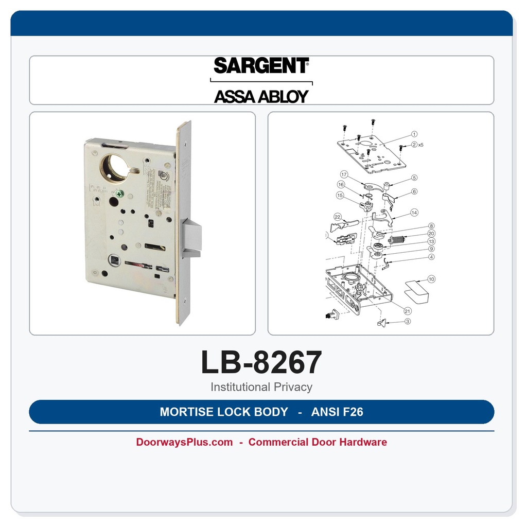Sargent LB-8267 Mortise Lock Body – Institutional Privacy (ANSI F26) 8200 Series
