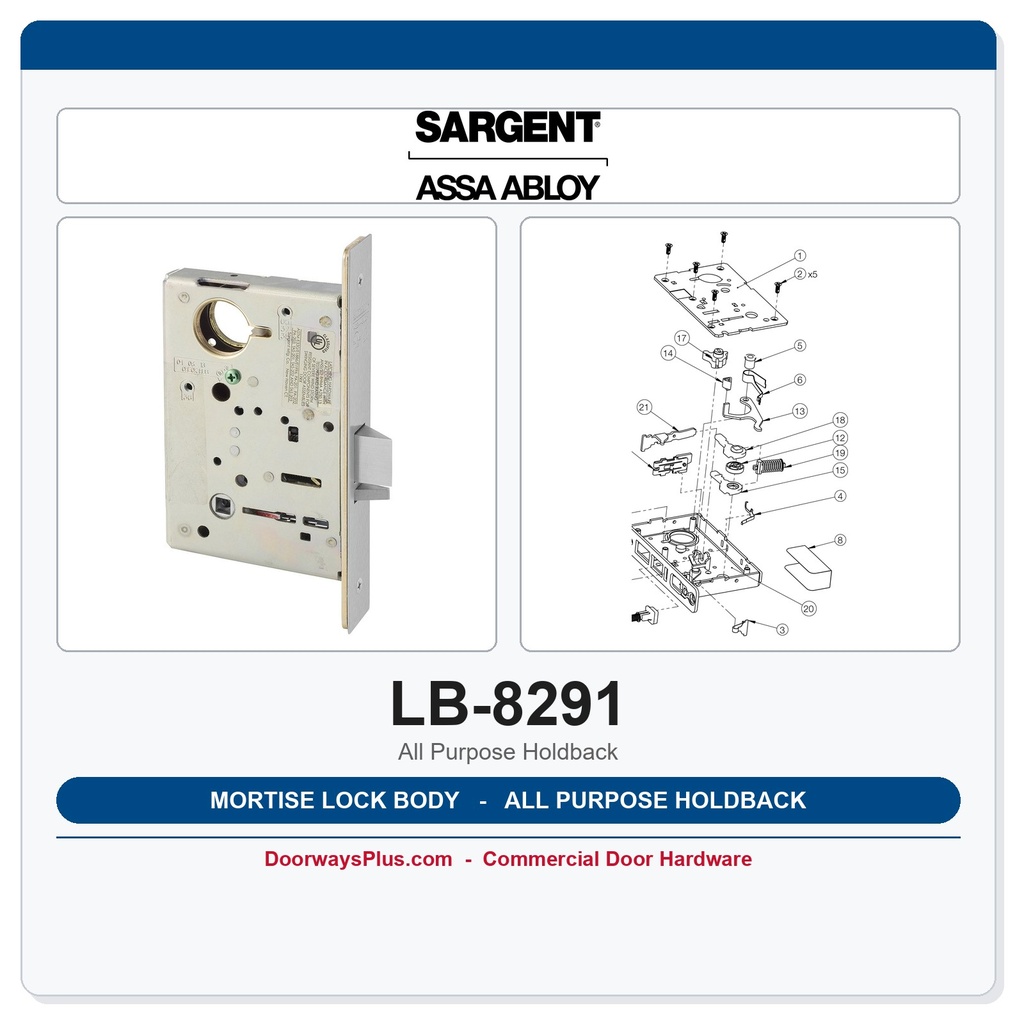 Sargent LB-8291 Mortise Lock Body – 8200 Series All Purpose Holdback Function (Case Only)