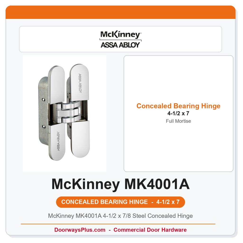 McKinney MK4001A 4-1/2 x 7/8 Steel Concealed Hinge | Invisible Full Mortise, 3D Adjustable