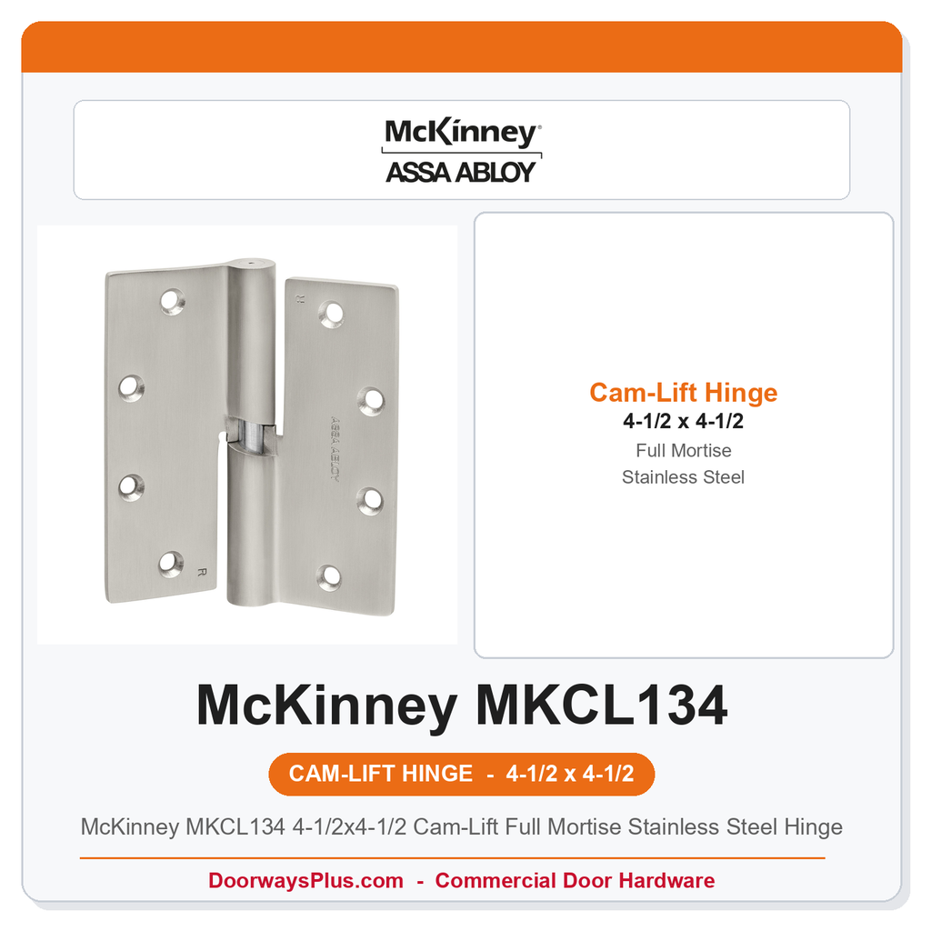 McKinney MKCL134 4-1/2x4-1/2 Cam-Lift Full Mortise Stainless Steel Hinge