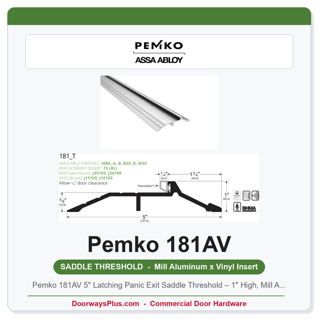 Pemko 181AV 5" Latching Panic Exit Saddle Threshold – 1" High, Mill Aluminum, Eco-V Gasket