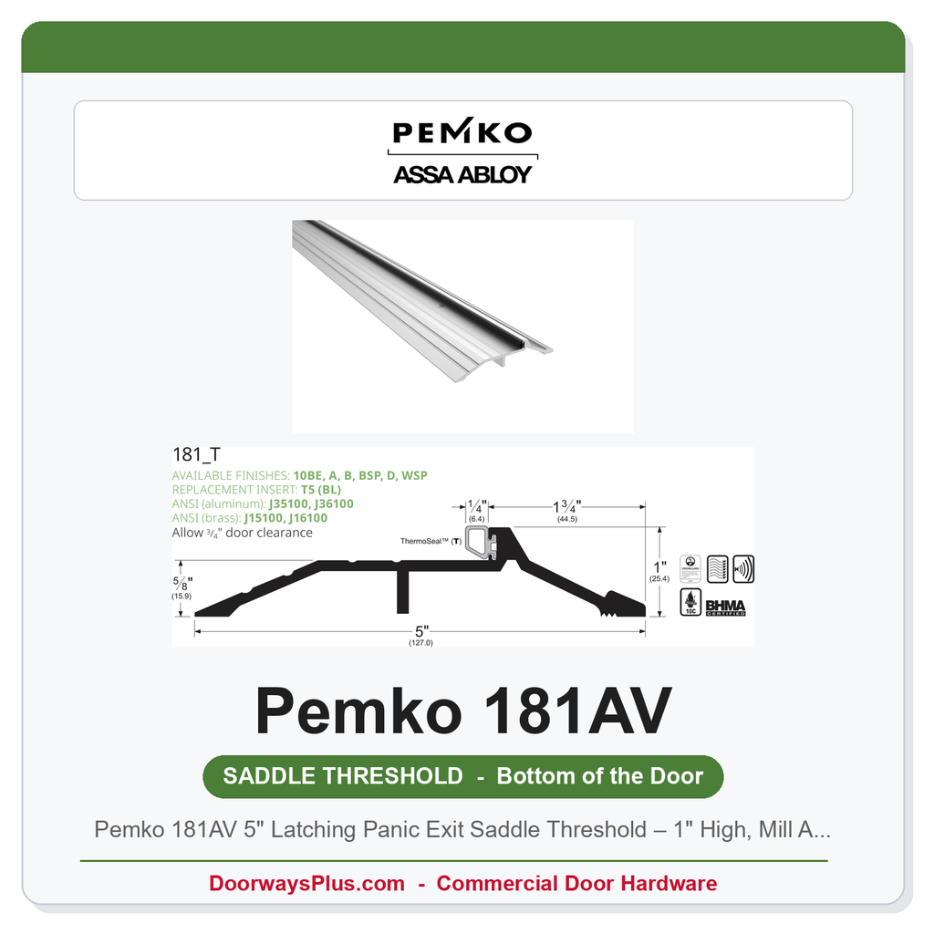 Pemko 181AV 5" Latching Panic Exit Saddle Threshold – 1" High, Mill Aluminum, Eco-V Gasket