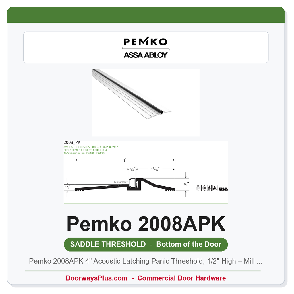 Pemko 2008APK 4" Acoustic Latching Panic Threshold, 1/2" High – Mill Aluminum, Encased Foam Seal