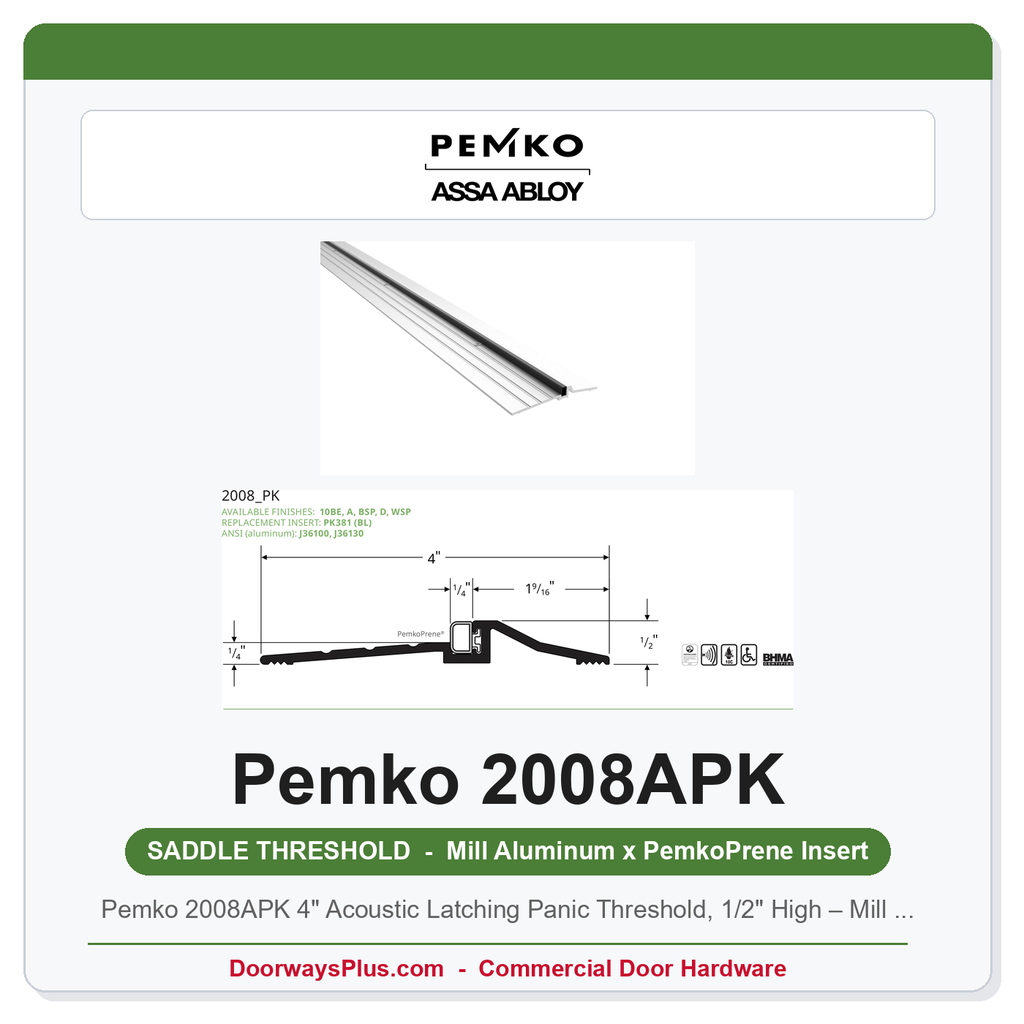 Pemko 2008APK 4" Acoustic Latching Panic Threshold, 1/2" High – Mill Aluminum, Encased Foam Seal