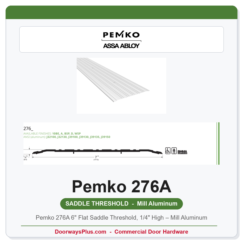 Pemko 276A 6" Flat Saddle Threshold, 1/4" High – Mill Aluminum