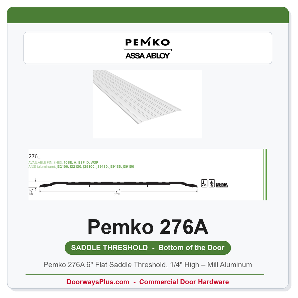 Pemko 276A 6" Flat Saddle Threshold, 1/4" High – Mill Aluminum