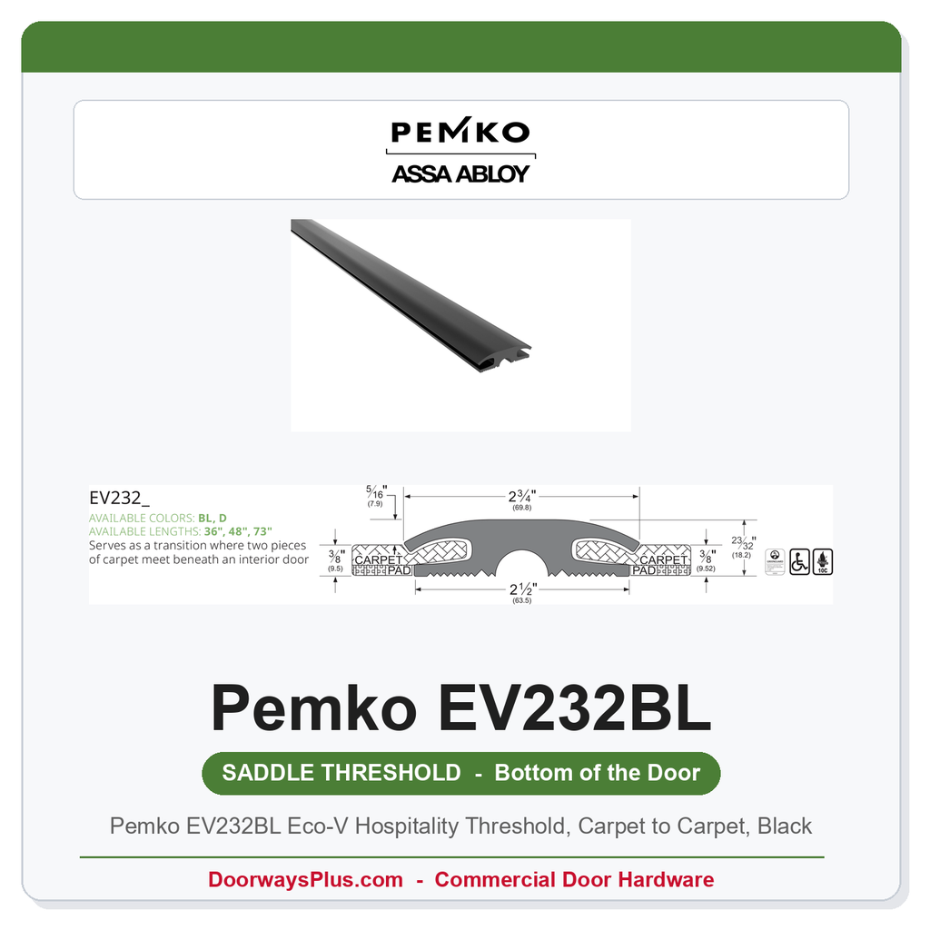 Pemko EV232BL Eco-V Hospitality Threshold, Carpet to Carpet, Black