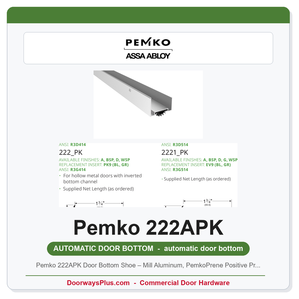 Pemko 222APK Door Bottom Shoe – Mill Aluminum, PemkoPrene Positive Pressure Seal