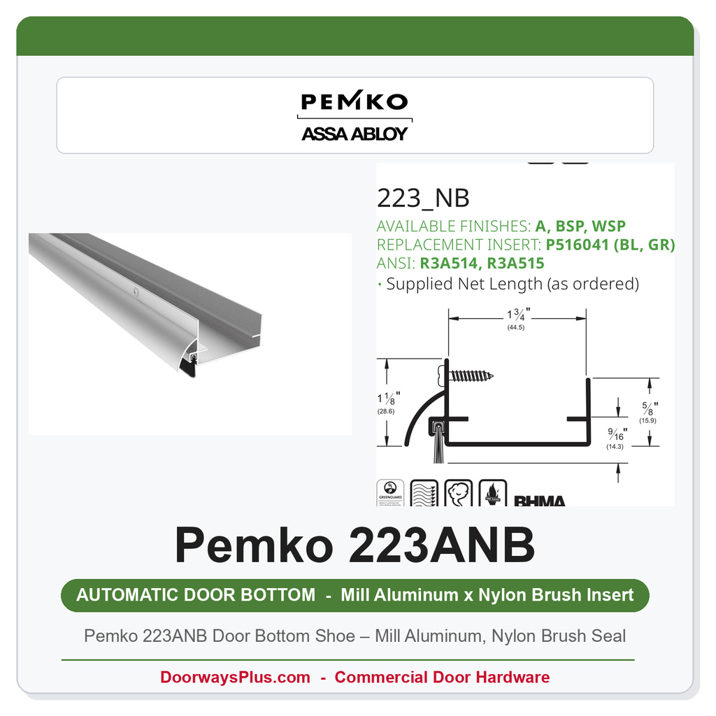Pemko 223ANB Door Bottom Shoe – Mill Aluminum, Nylon Brush Seal