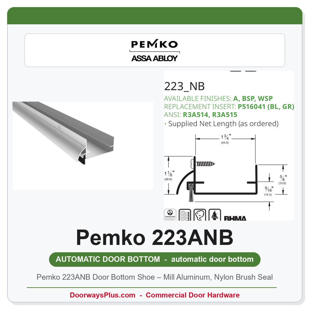 Pemko 223ANB Door Bottom Shoe – Mill Aluminum, Nylon Brush Seal