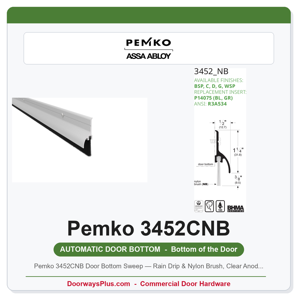 Pemko 3452CNB Door Bottom Sweep — Rain Drip & Nylon Brush, Clear Anodized Aluminum