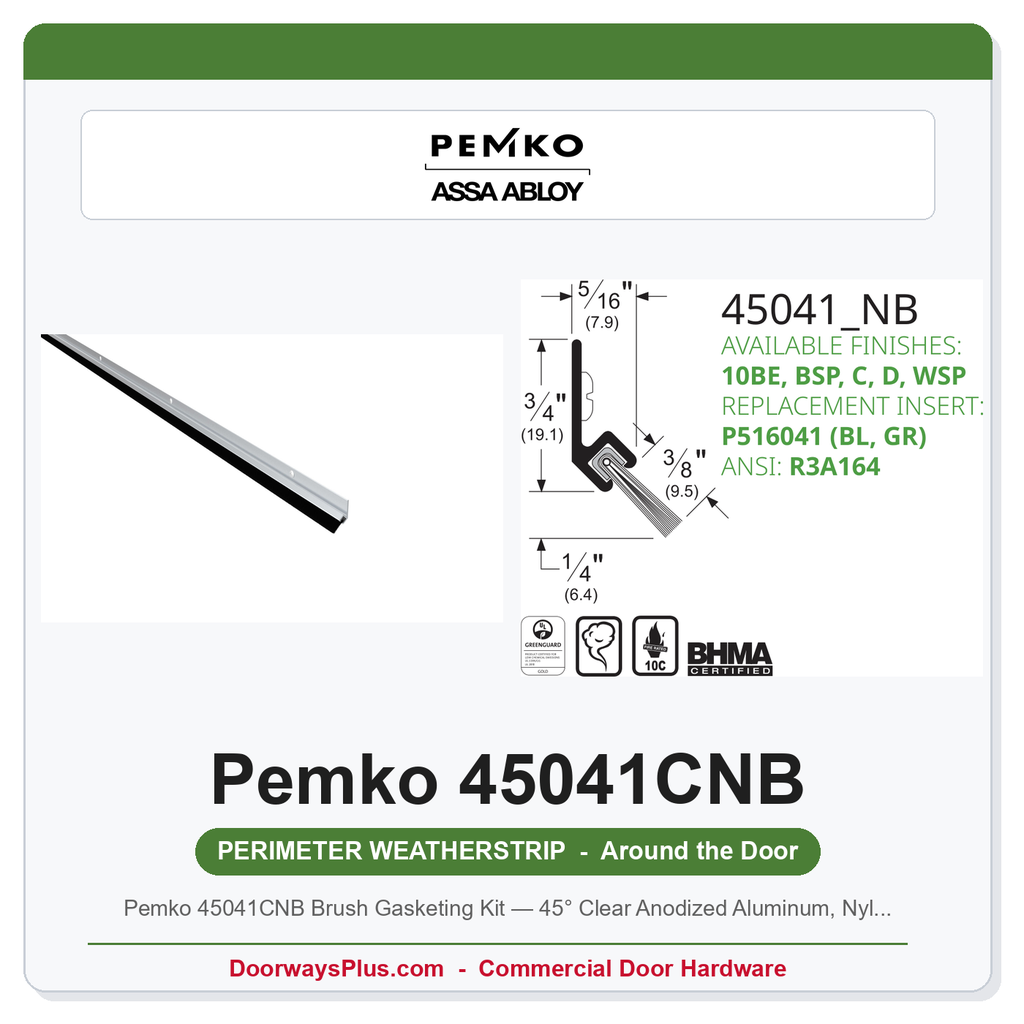 Pemko 45041CNB Brush Gasketing Kit — 45° Clear Anodized Aluminum, Nylon Brush, 3'0×7'0