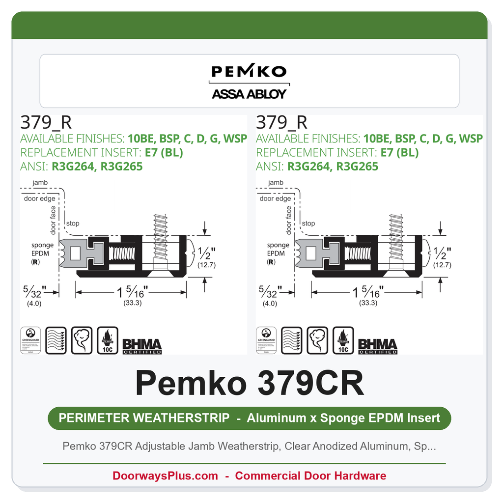 Pemko 379CR Adjustable Jamb Weatherstrip, Clear Anodized Aluminum, Sponge EPDM Seal, 84 In.