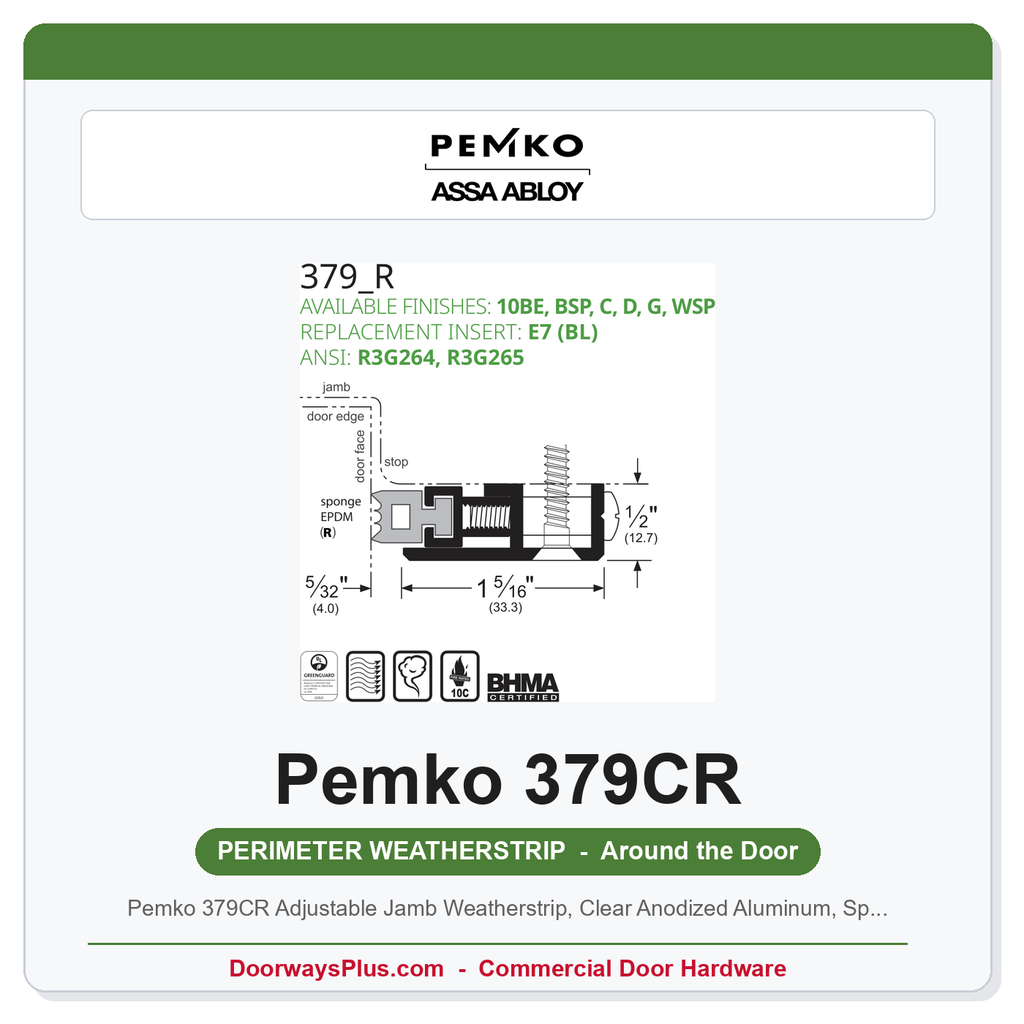 Pemko 379CR Adjustable Jamb Weatherstrip, Clear Anodized Aluminum, Sponge EPDM Seal, 84 In.