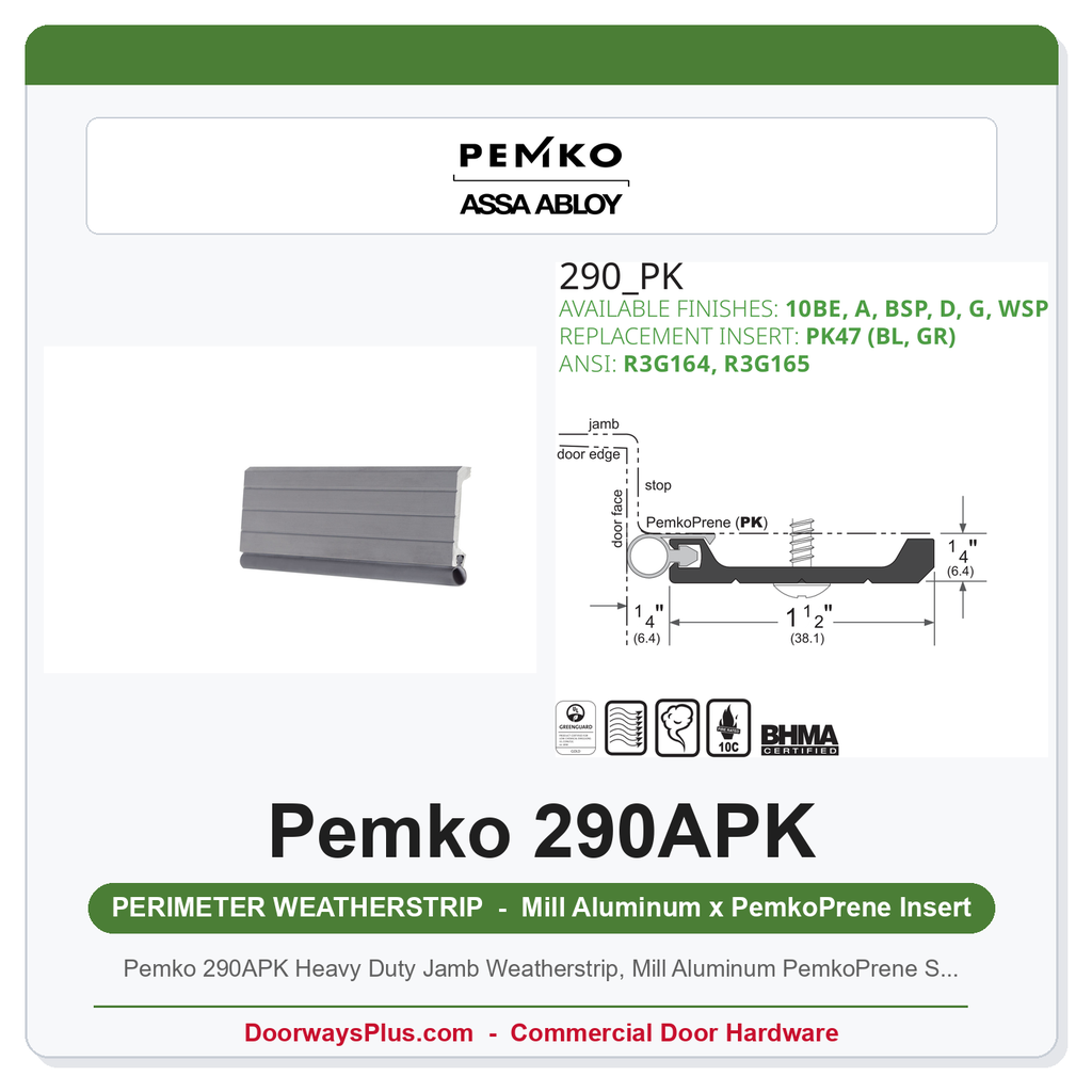 Pemko 290APK Heavy Duty Jamb Weatherstrip, Mill Aluminum PemkoPrene Seal, 84 In.