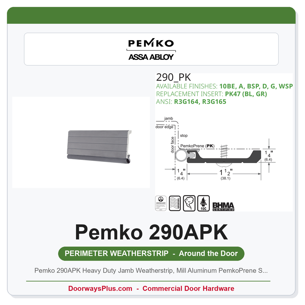 Pemko 290APK Heavy Duty Jamb Weatherstrip, Mill Aluminum PemkoPrene Seal, 84 In.