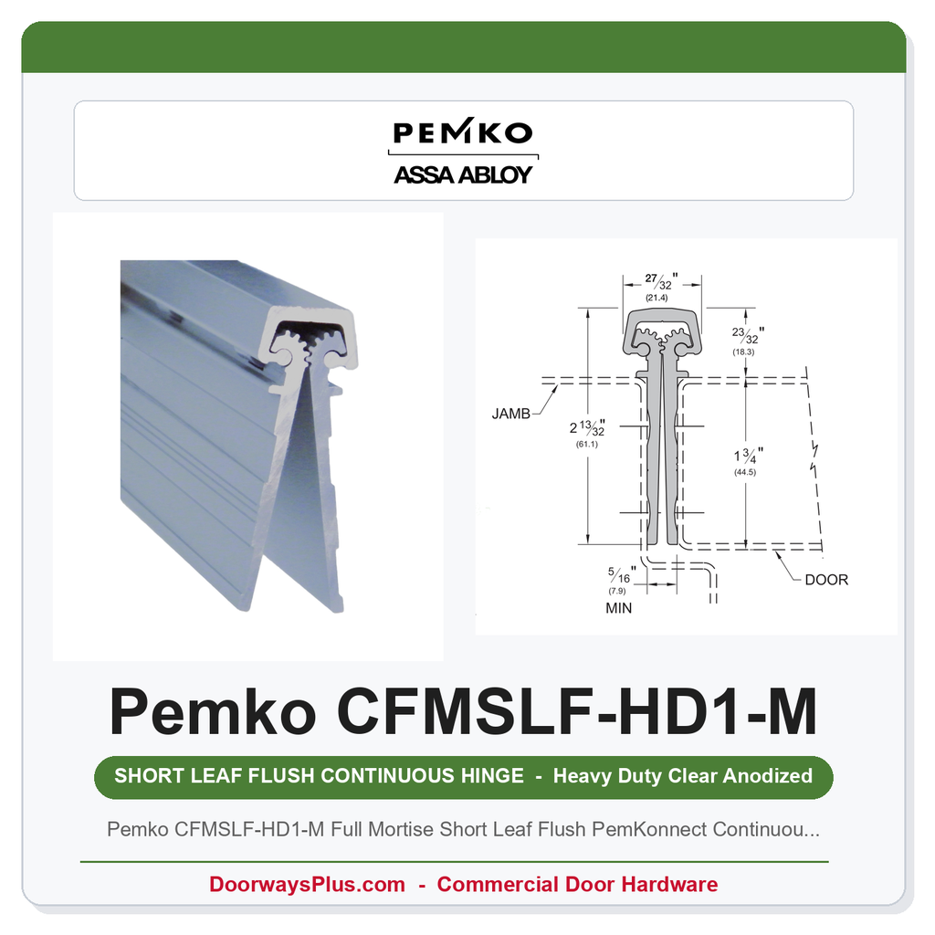 Pemko CFMSLF-HD1-M Full Mortise Short Leaf Flush PemKonnect Continuous Geared Hinge Set (83"+12") Heavy Duty Clear Anodized