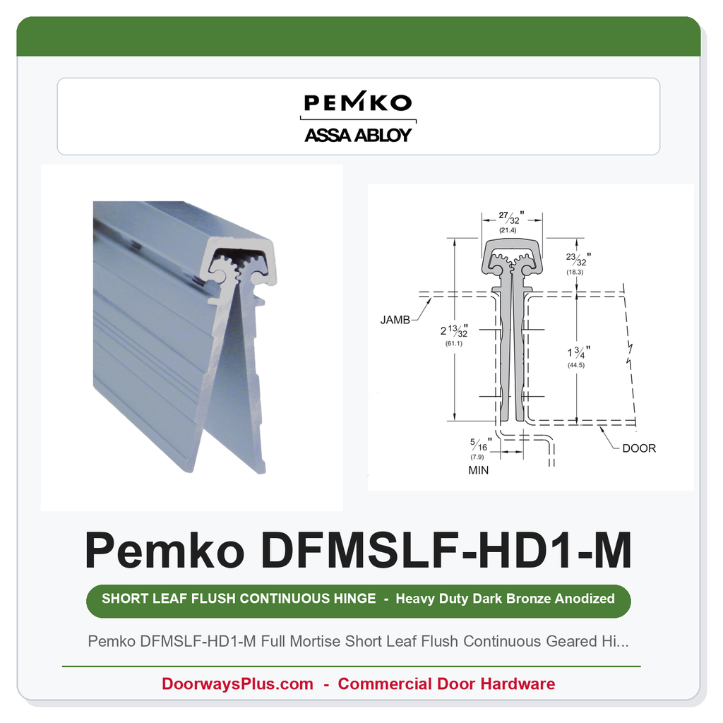 Pemko DFMSLF-HD1-M Full Mortise Short Leaf Flush PemKonnect Continuous Geared Hinge Set (83"+12") Heavy Duty Dark Bronze Anodized