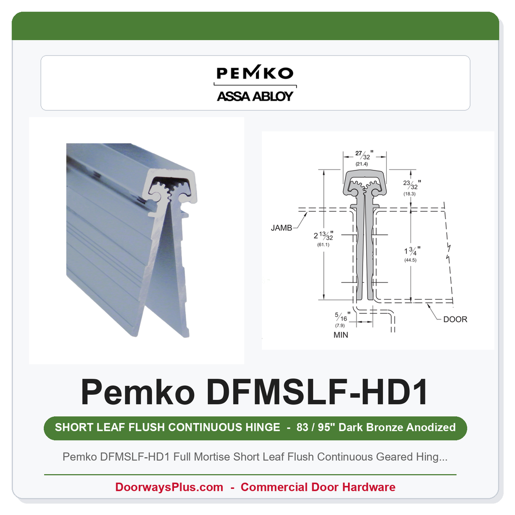 Pemko DFMSLF-HD1 Full Mortise Short Leaf Flush Continuous Geared Hinge — Heavy Duty Dark Bronze Anodized 83"/95"