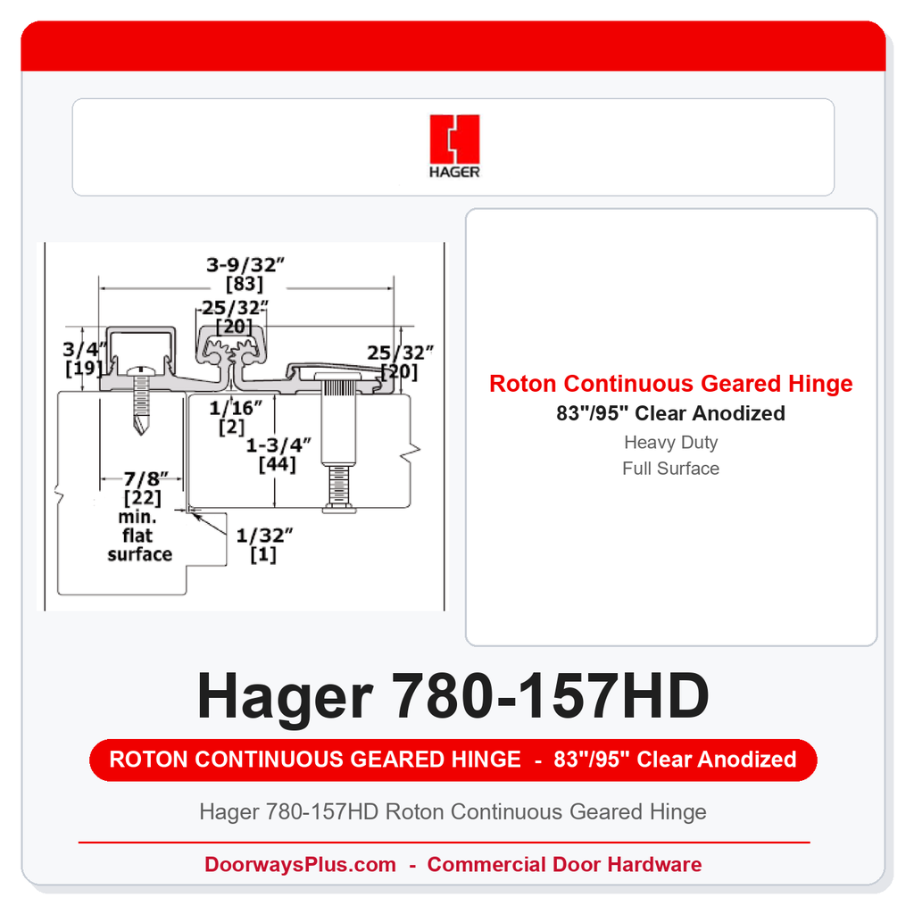 Hager 780-157HD Roton Continuous Geared Hinge | Full Surface Heavy Duty Clear Anodized Aluminum 83/95"