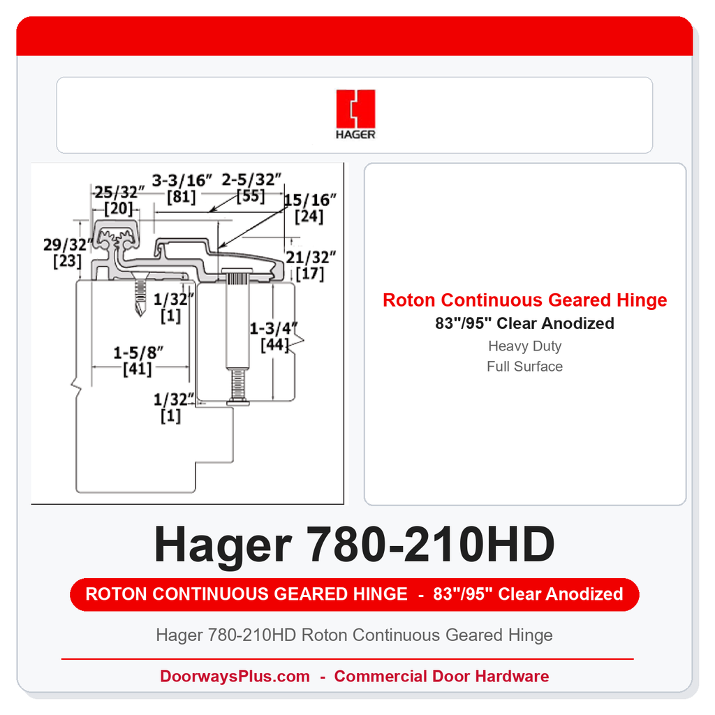 Hager 780-210HD Roton Continuous Geared Hinge | Full Surface Heavy Duty Clear Anodized Aluminum 83"/95"